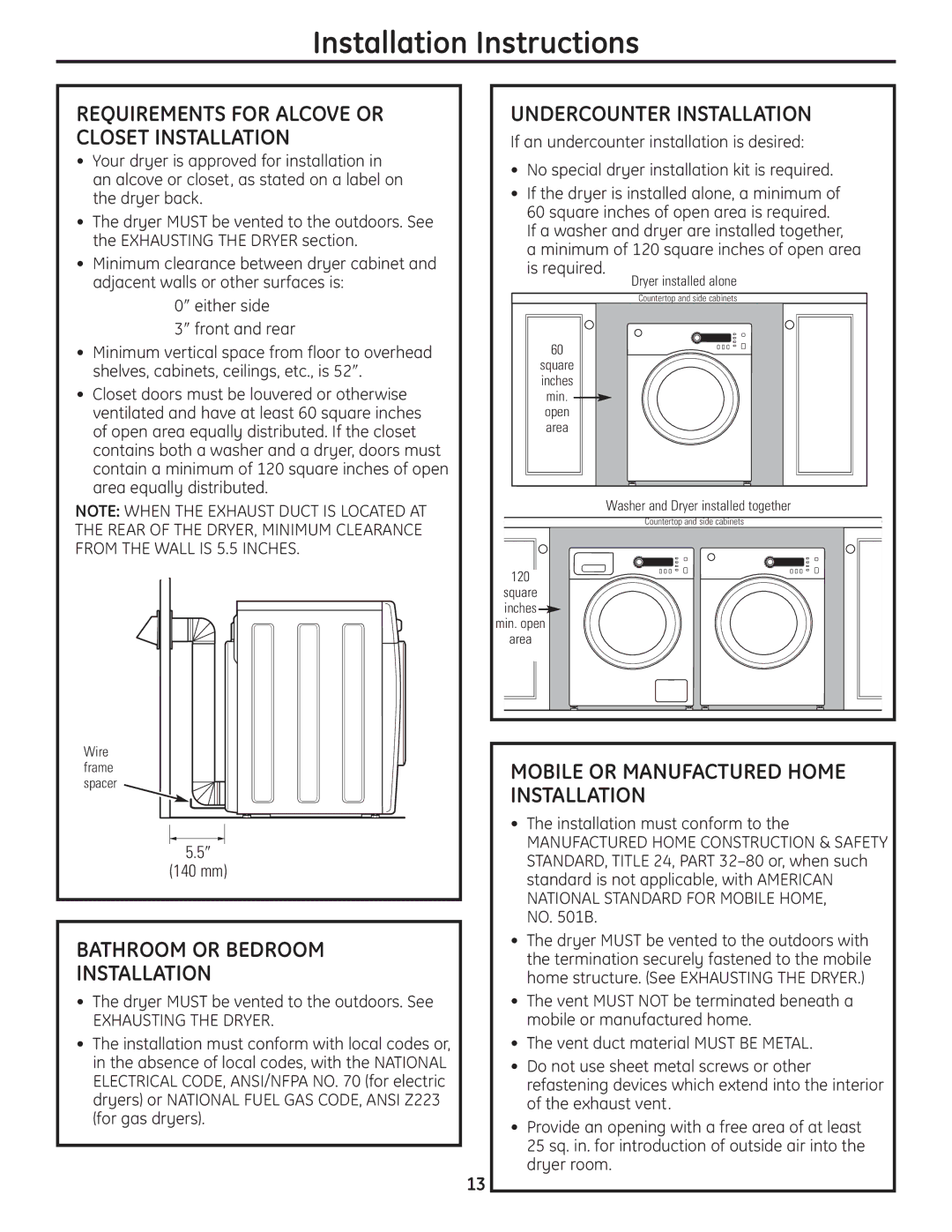 GE PCVH480EK Bathroom or Bedroom Installation, Undercounter Installation, Mobile or Manufactured Home Installation 