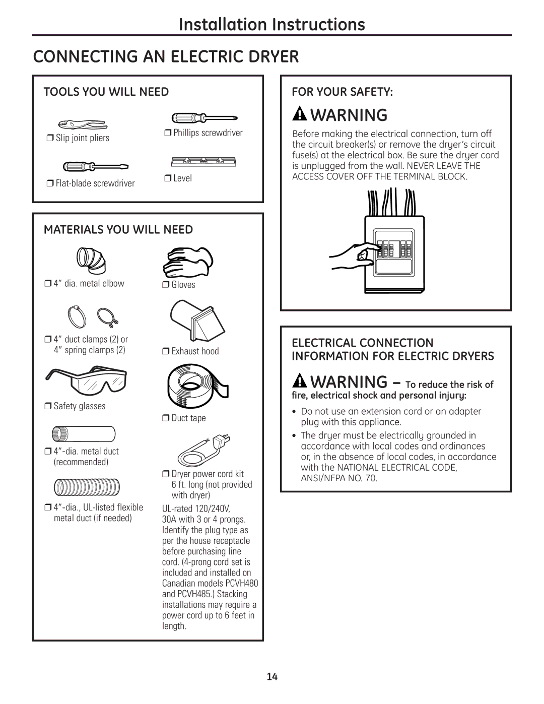 GE PCVH485EK Tools YOU will Need, Materials YOU will Need, Electrical Connection Information for Electric Dryers 