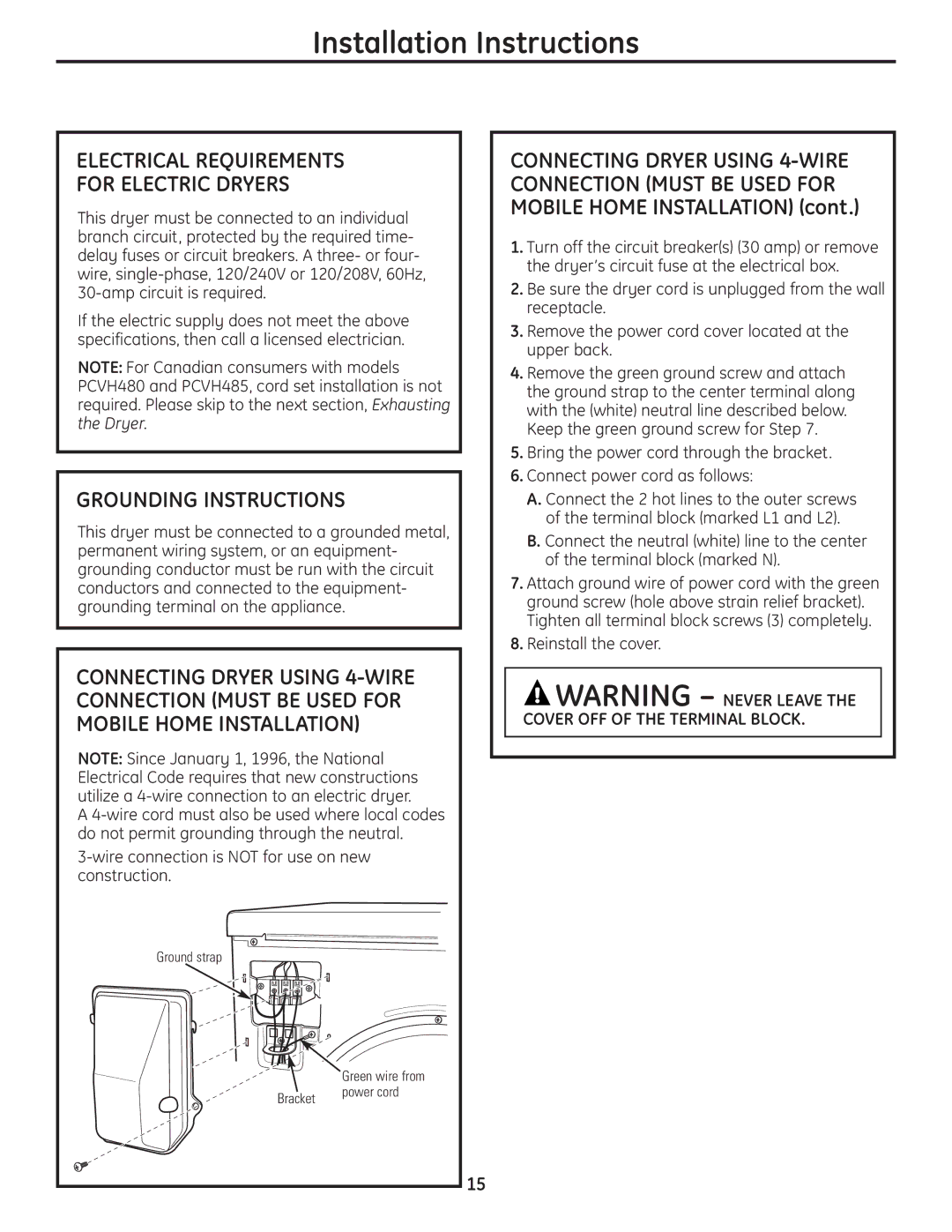 GE PCVH480EK, PCVH485EK Electrical Requirements For Electric Dryers, Grounding Instructions, Reinstall the cover 