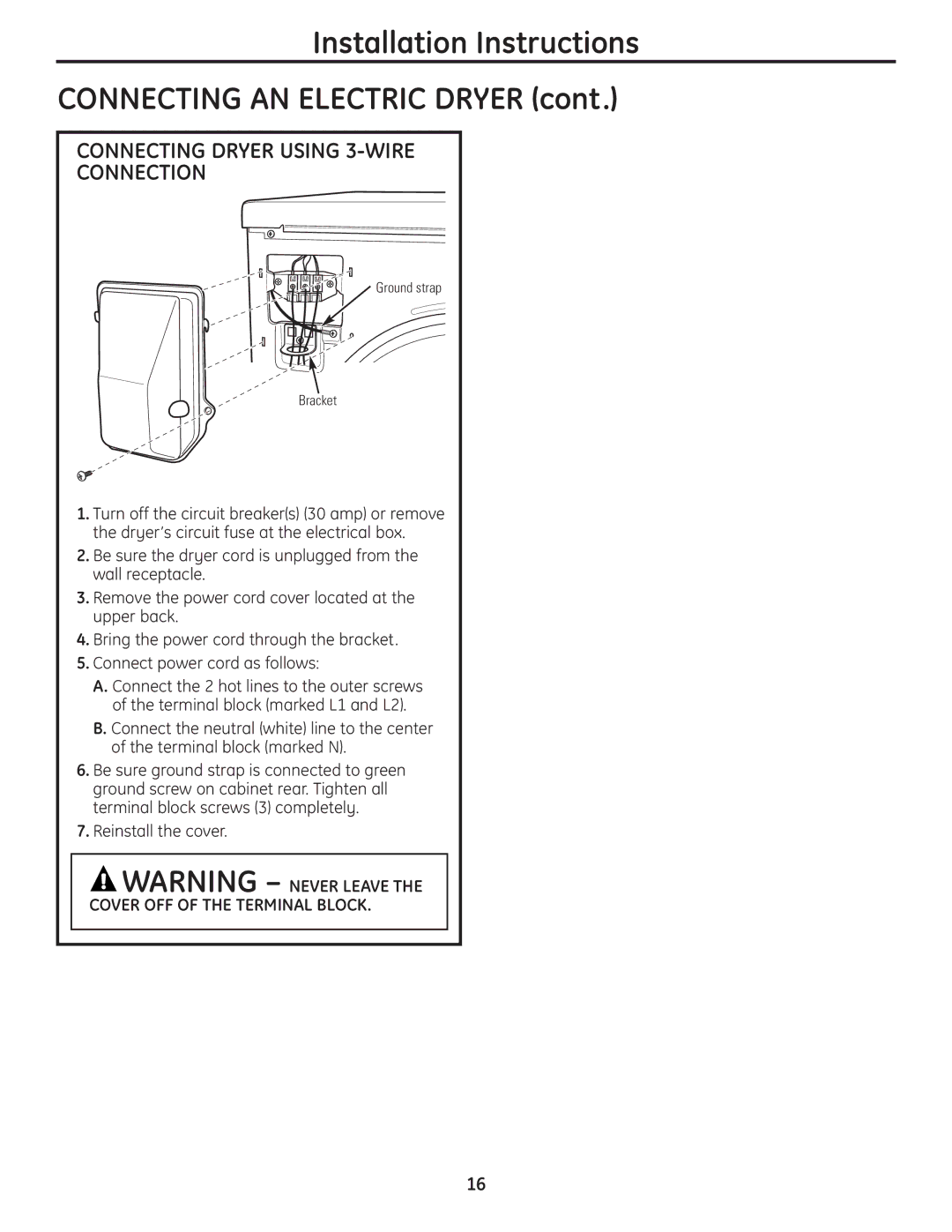 GE PCVH485EK, PCVH480EK owner manual Connecting Dryer Using 3-WIRE Connection, Cover OFF of the Terminal Block 