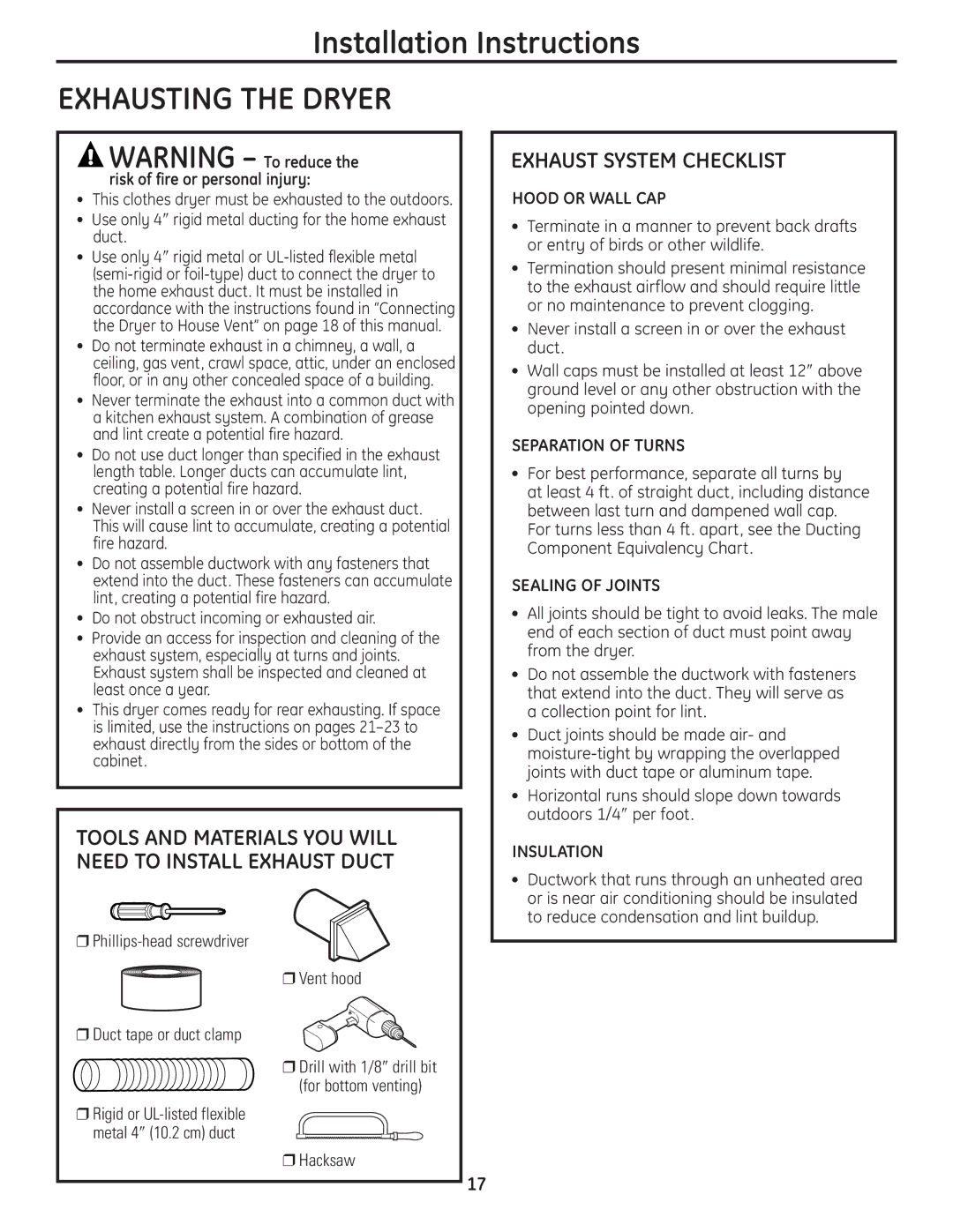 GE PCVH480EK, PCVH485EK owner manual Tools and Materials YOU will Need to Install Exhaust Duct, Exhaust System Checklist 