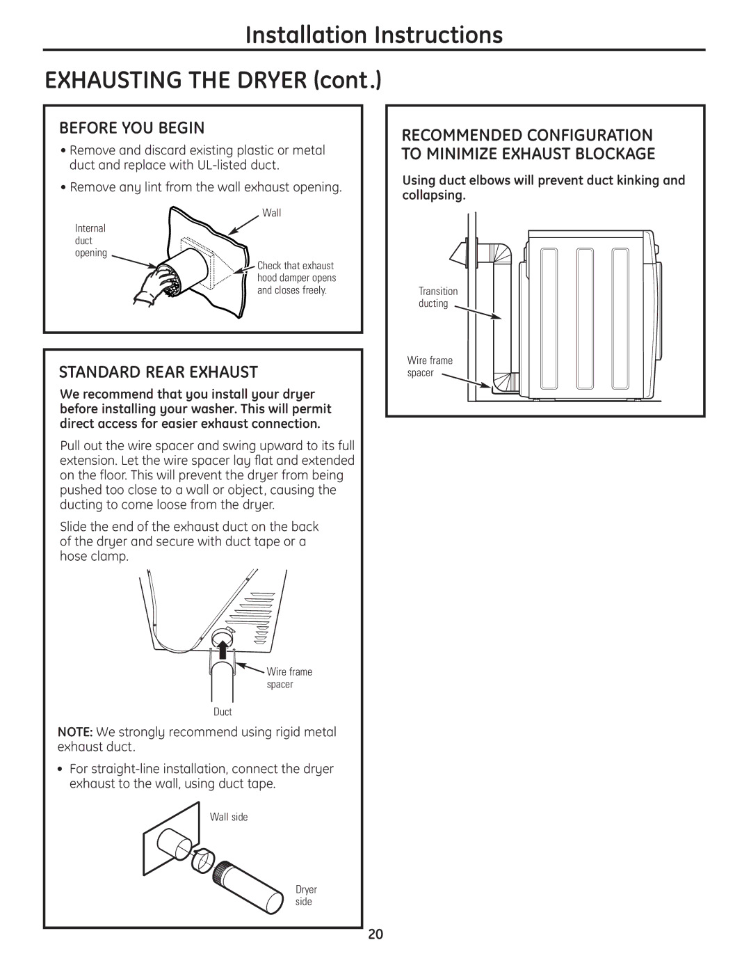 GE PCVH485EK, PCVH480EK owner manual Standard Rear Exhaust, Recommended Configuration to Minimize Exhaust Blockage 