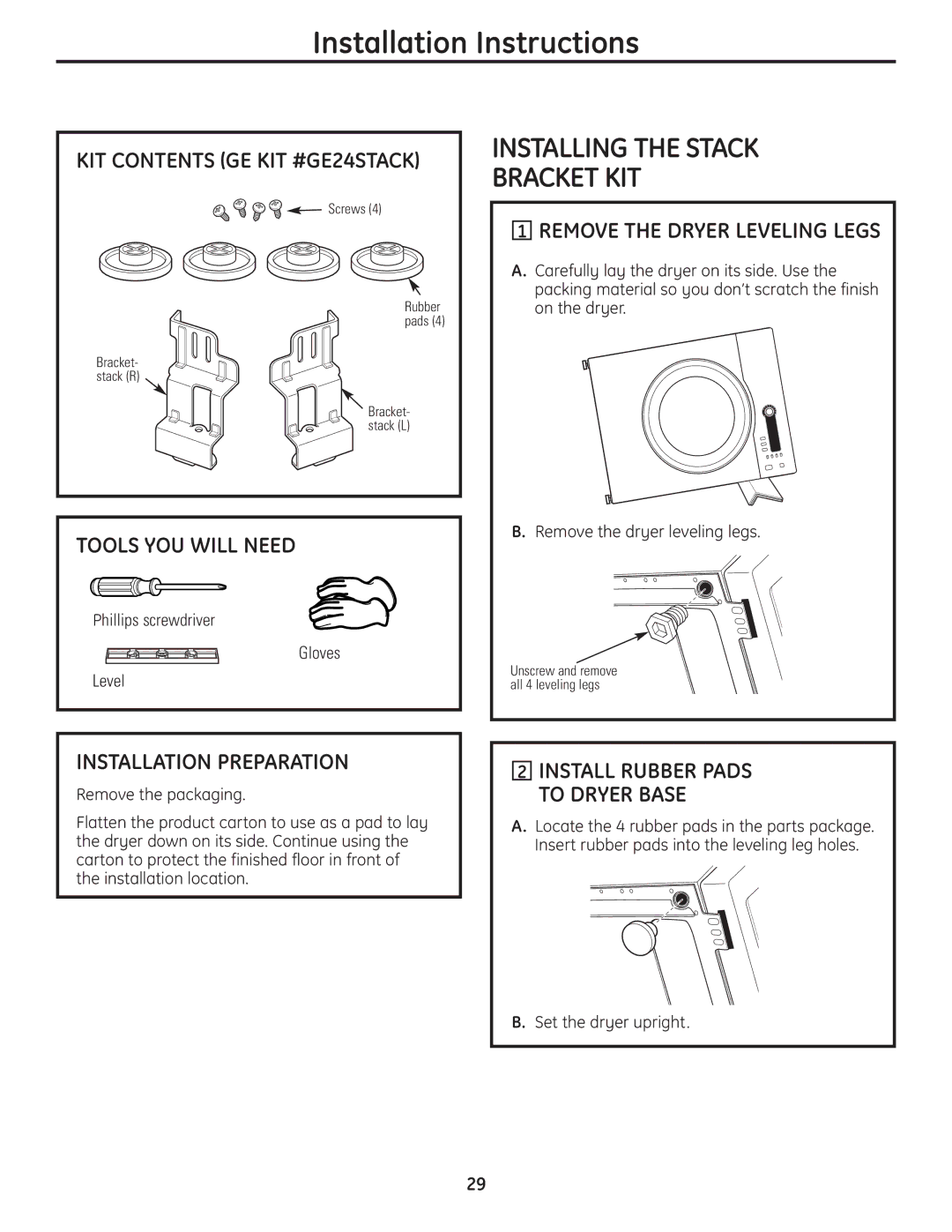 GE PCVH480EK, PCVH485EK Installation Preparation, Install Rubber Pads to Dryer Base, Phillips screwdriver Gloves Level 