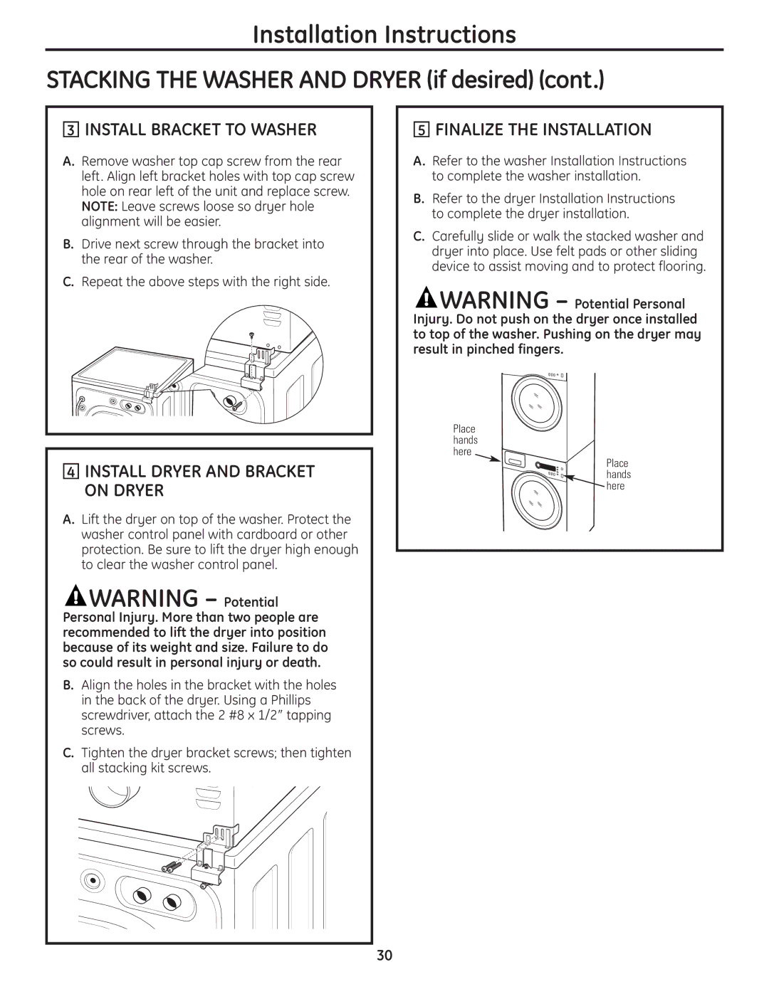 GE PCVH485EK, PCVH480EK Install Bracket to Washer, Install Dryer and Bracket on Dryer, Finalize the Installation 