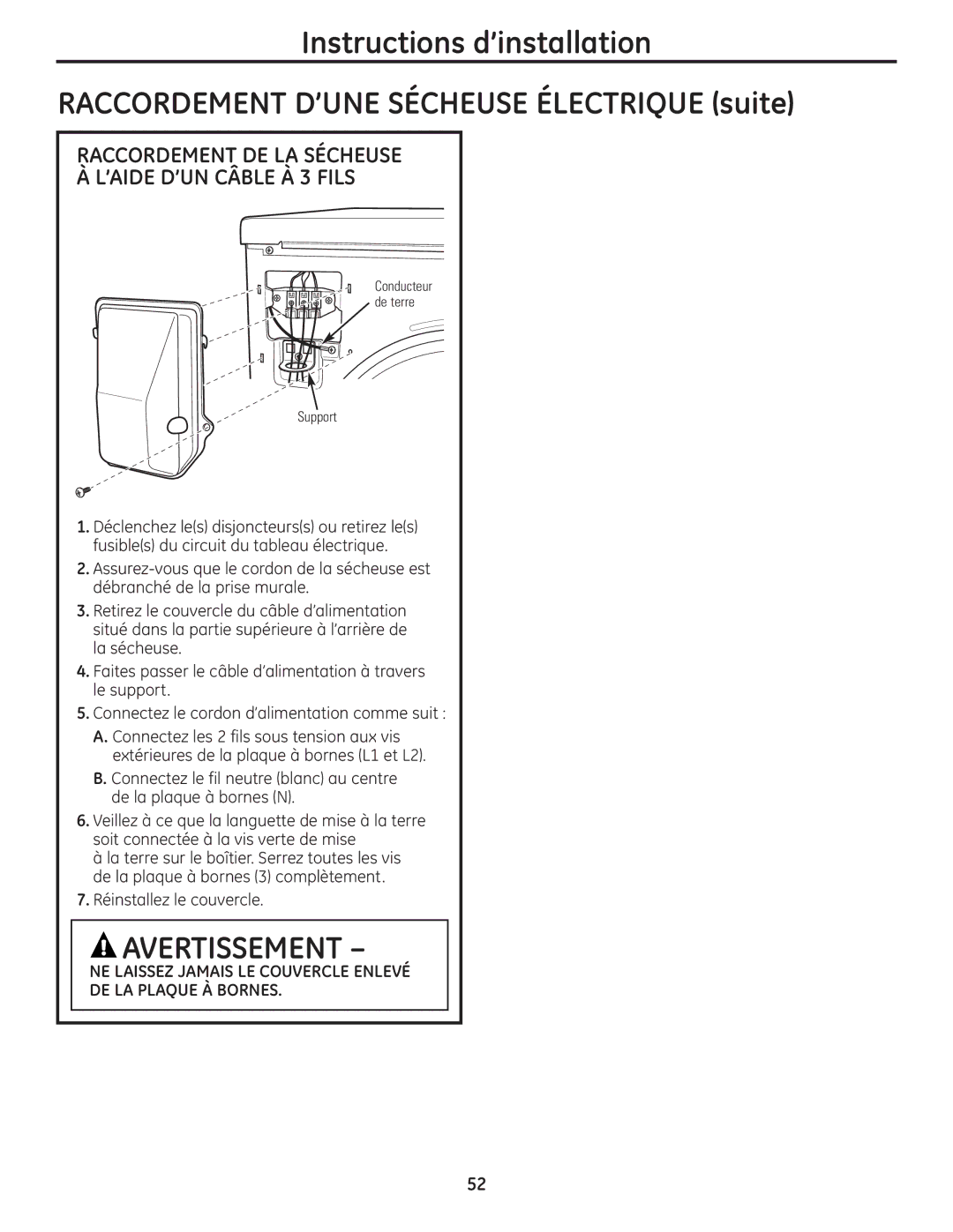 GE PCVH485EK, PCVH480EK owner manual Raccordement DE LA Sécheuse À L’AIDE D’UN Câble À 3 Fils 