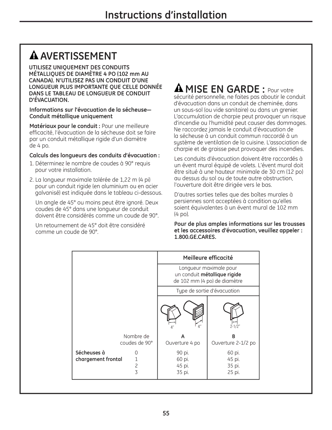 GE PCVH480EK, PCVH485EK owner manual Un retournement de 45 doit être considéré comme un coude de, Longueur maximale pour 