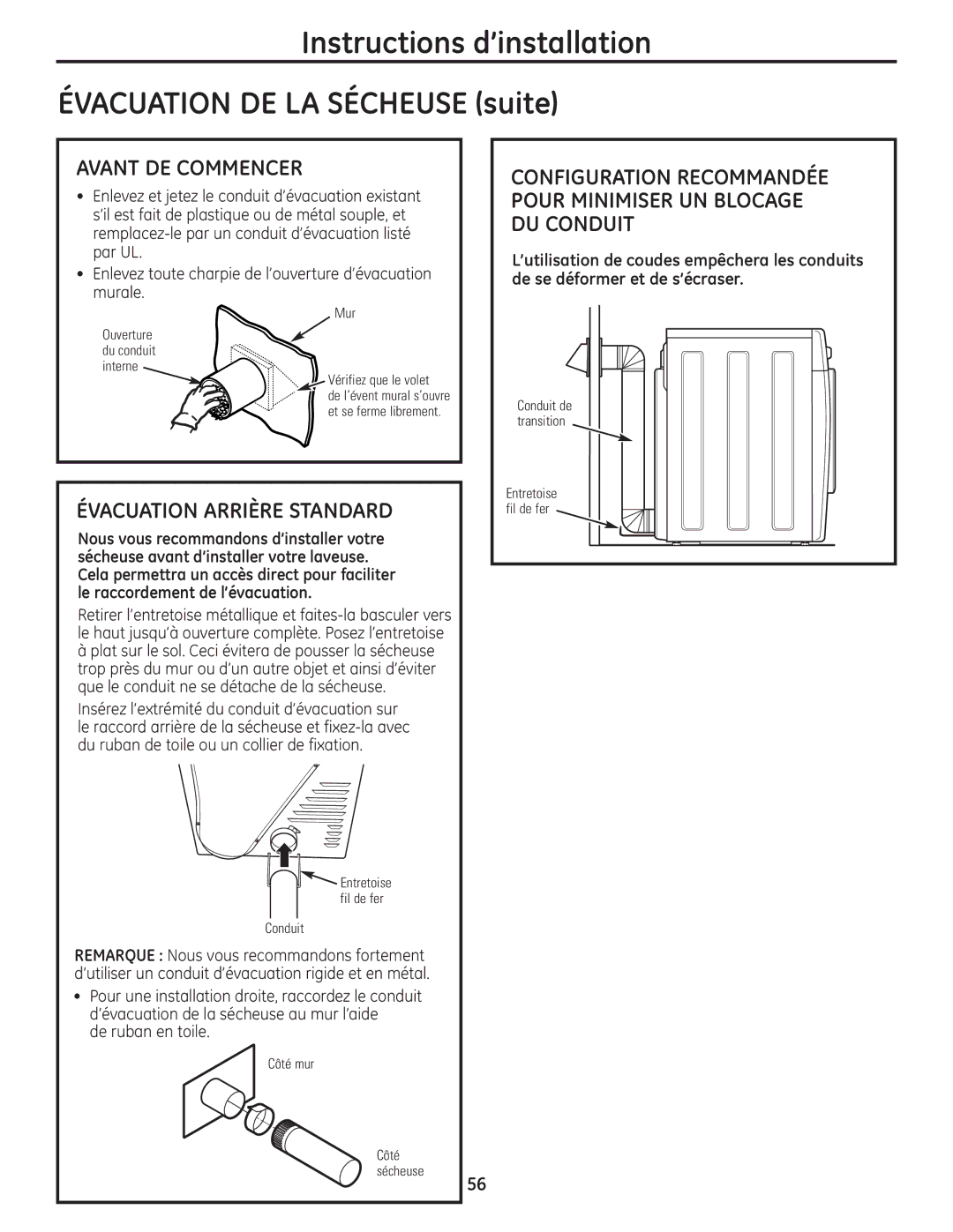 GE PCVH485EK, PCVH480EK owner manual Évacuation Arrière Standard, De ruban en toile 