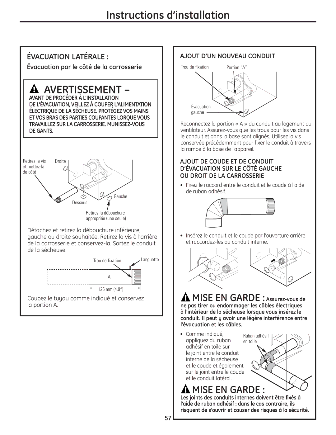 GE PCVH480EK, PCVH485EK owner manual Évacuation Latérale, Ajout D’UN Nouveau Conduit, Avant DE Procéder À L’INSTALLATION 