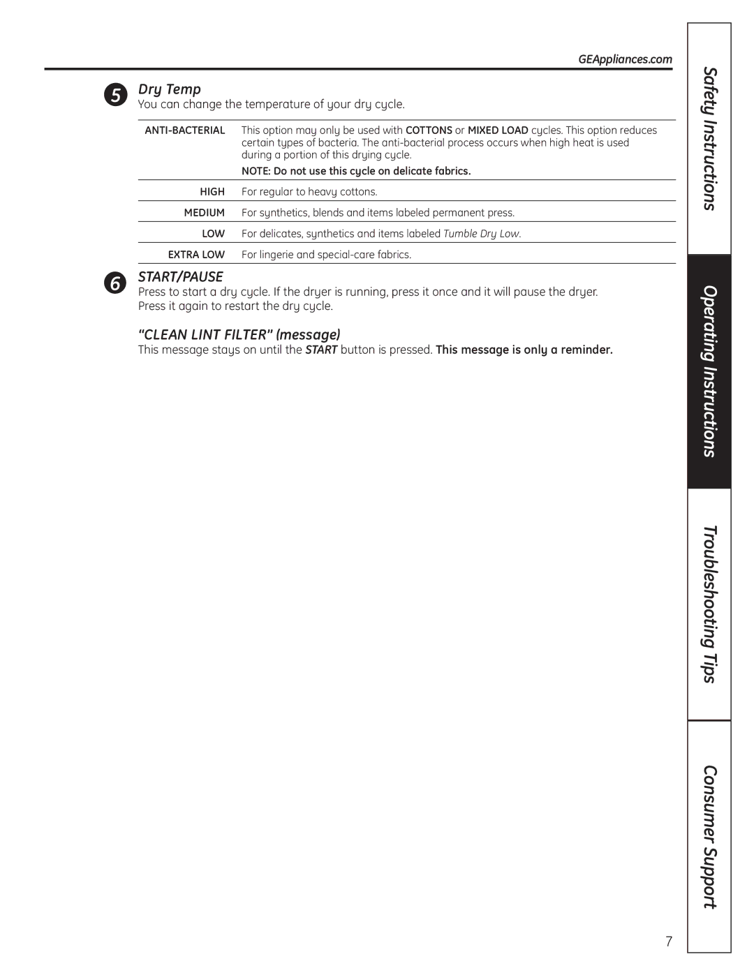 GE PCVH480EK, PCVH485EK owner manual Dry Temp, Clean Lint Filter message, You can change the temperature of your dry cycle 
