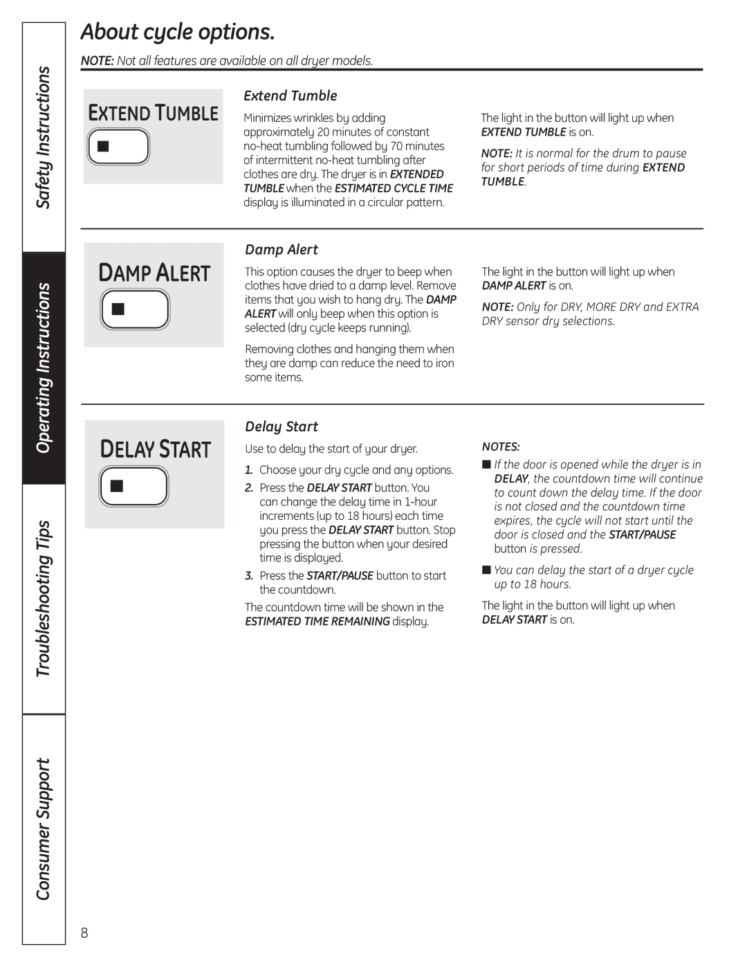 GE PCVH485EK, PCVH480EK owner manual About cycle options, Extend Tumble, Damp Alert, Delay Start 