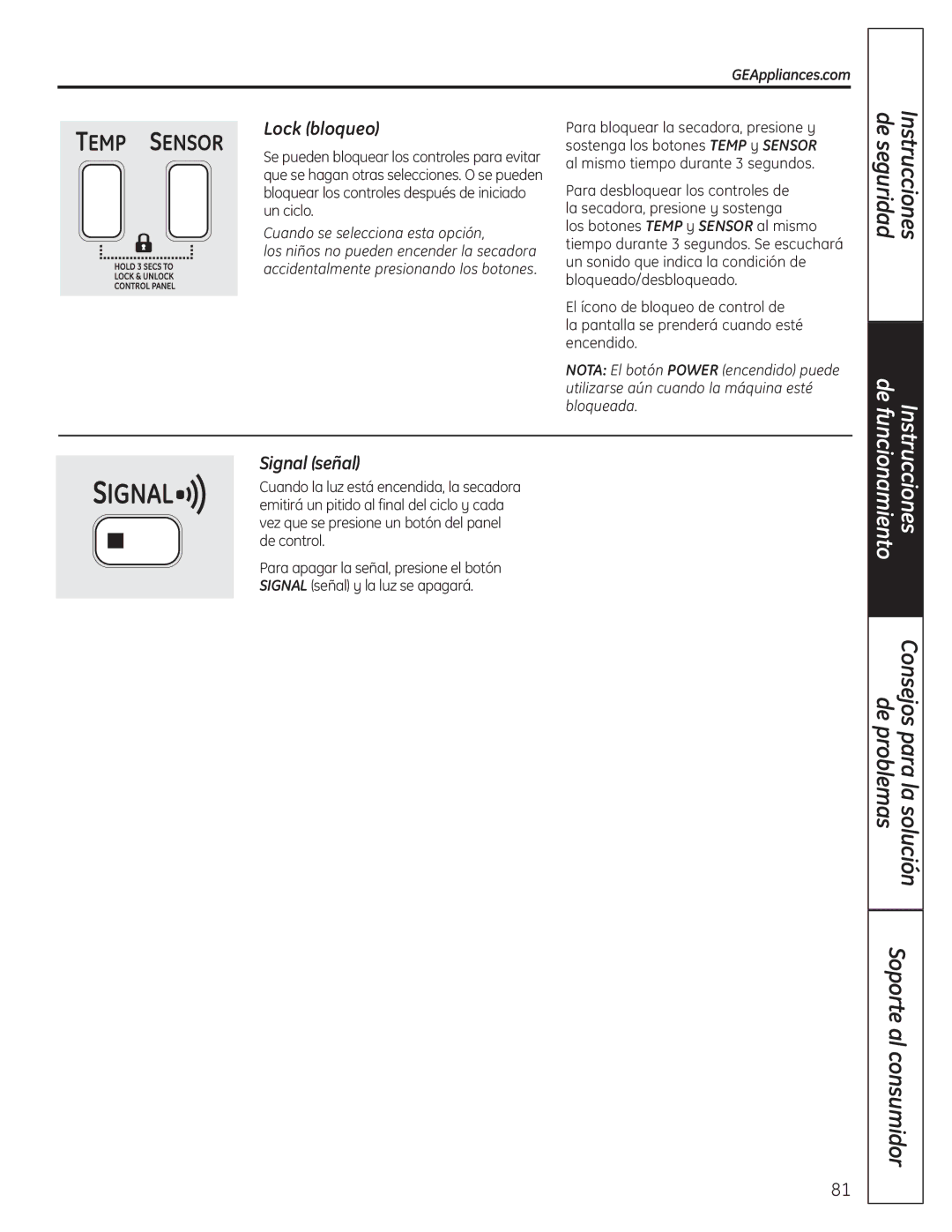 GE PCVH480EK, PCVH485EK owner manual Lock bloqueo, Signal señal 