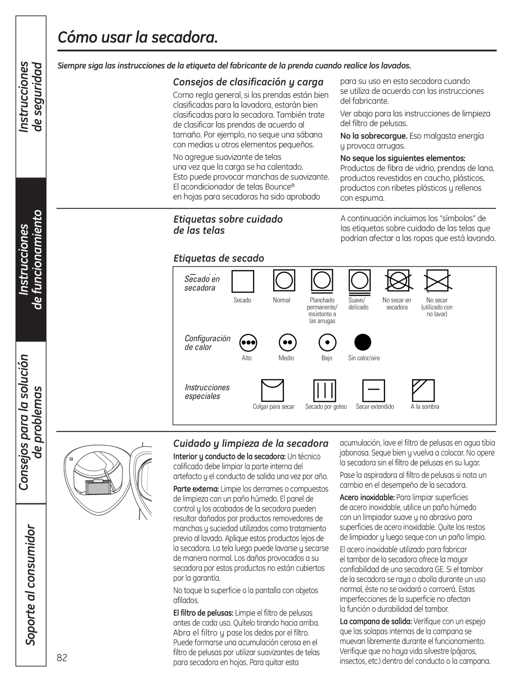 GE PCVH485EK, PCVH480EK Cómo usar la secadora, Consejos de clasificación y carga, Etiquetas sobre cuidado, De las telas 