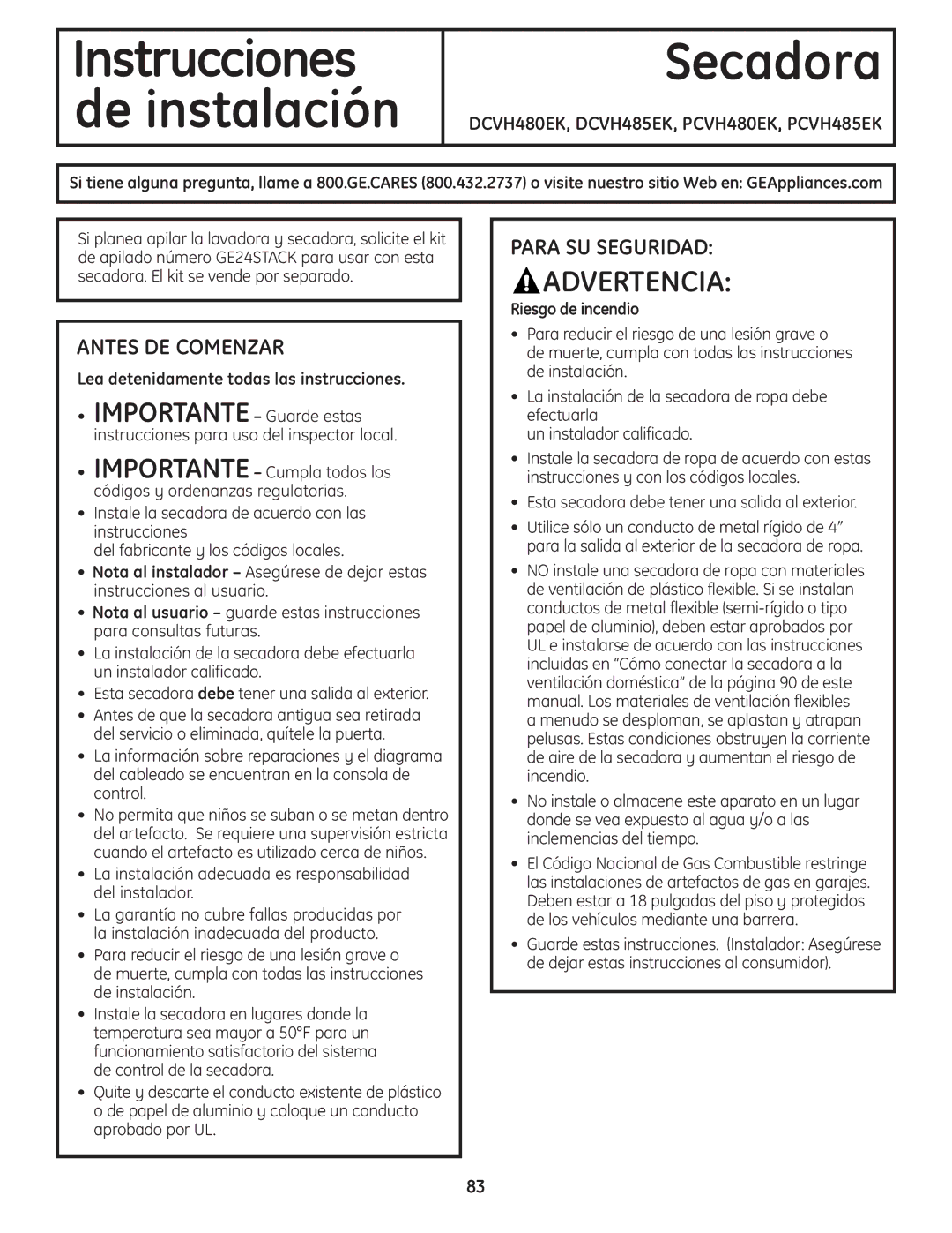 GE PCVH480EK Antes DE Comenzar, Para SU Seguridad, Lea detenidamente todas las instrucciones, Riesgo de incendio 