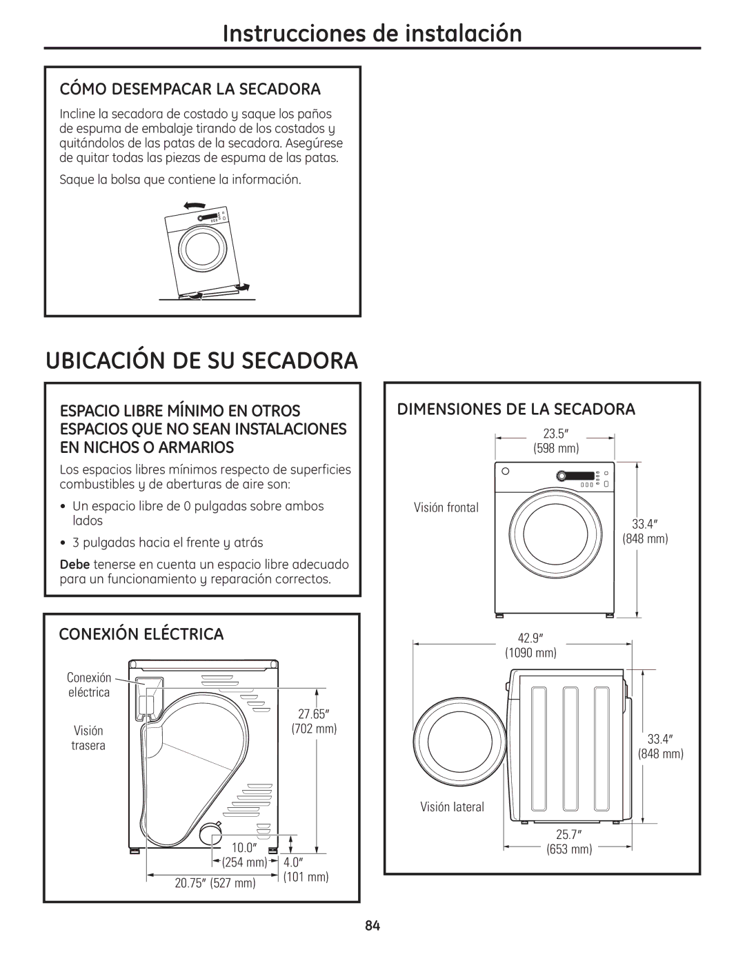 GE PCVH485EK, PCVH480EK owner manual Cómo Desempacar LA Secadora, Conexión Eléctrica, Dimensiones DE LA Secadora 