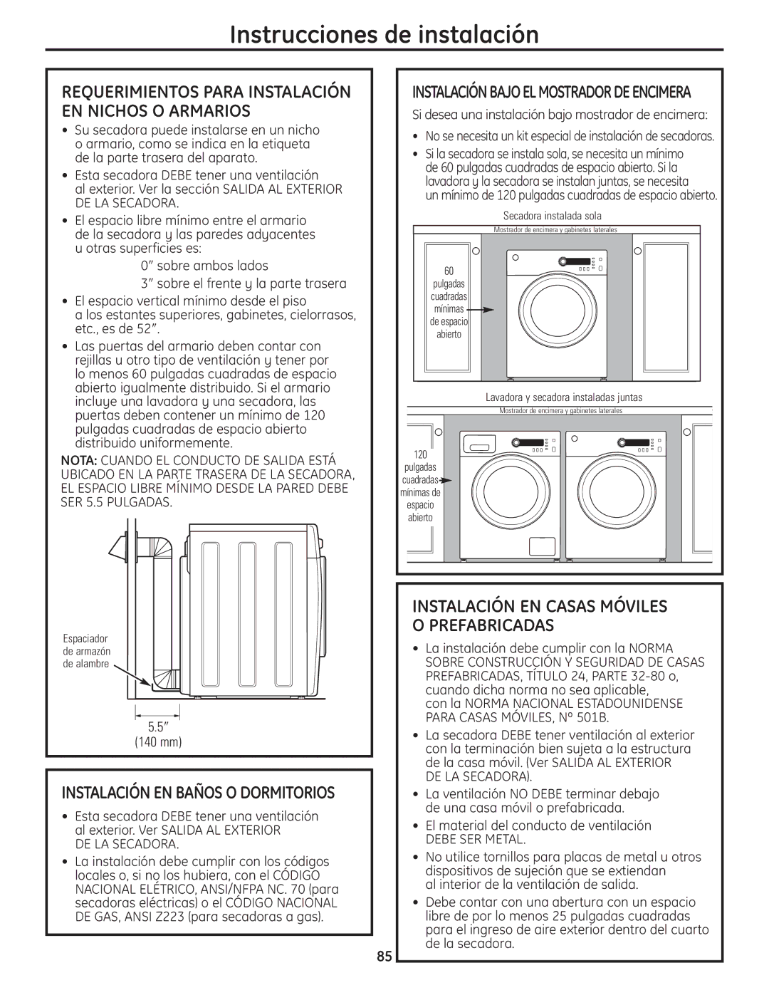 GE PCVH480EK, PCVH485EK Instalación EN Casas Móviles Prefabricadas, Requerimientos Para Instalación EN Nichos O Armarios 