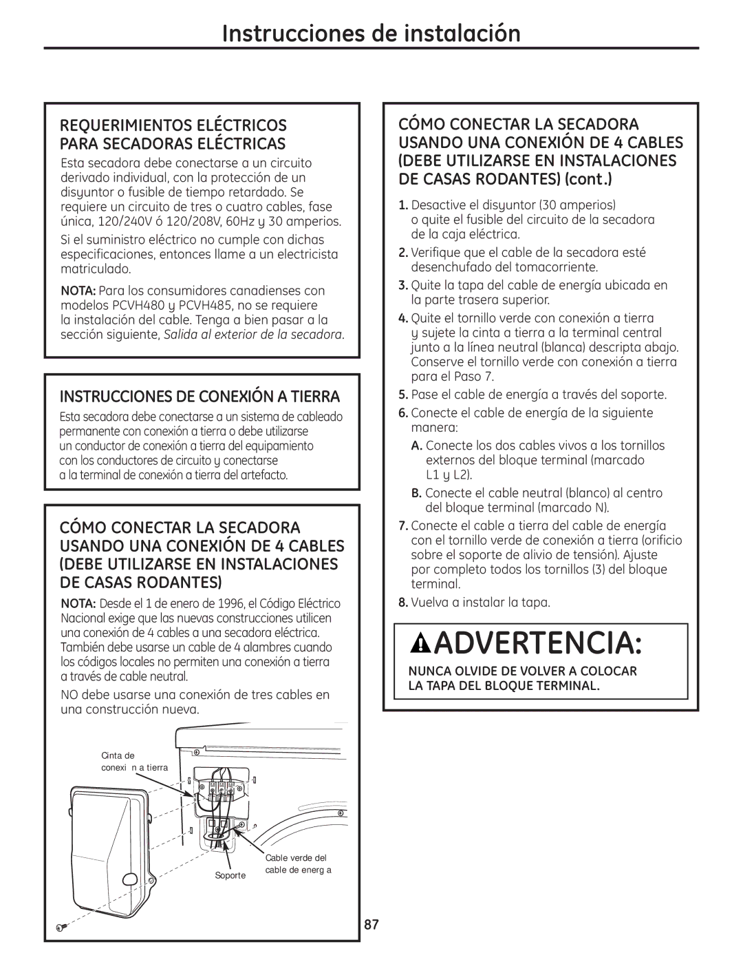 GE PCVH480EK, PCVH485EK owner manual Requerimientos Eléctricos Para Secadoras Eléctricas, Instrucciones DE Conexión a Tierra 