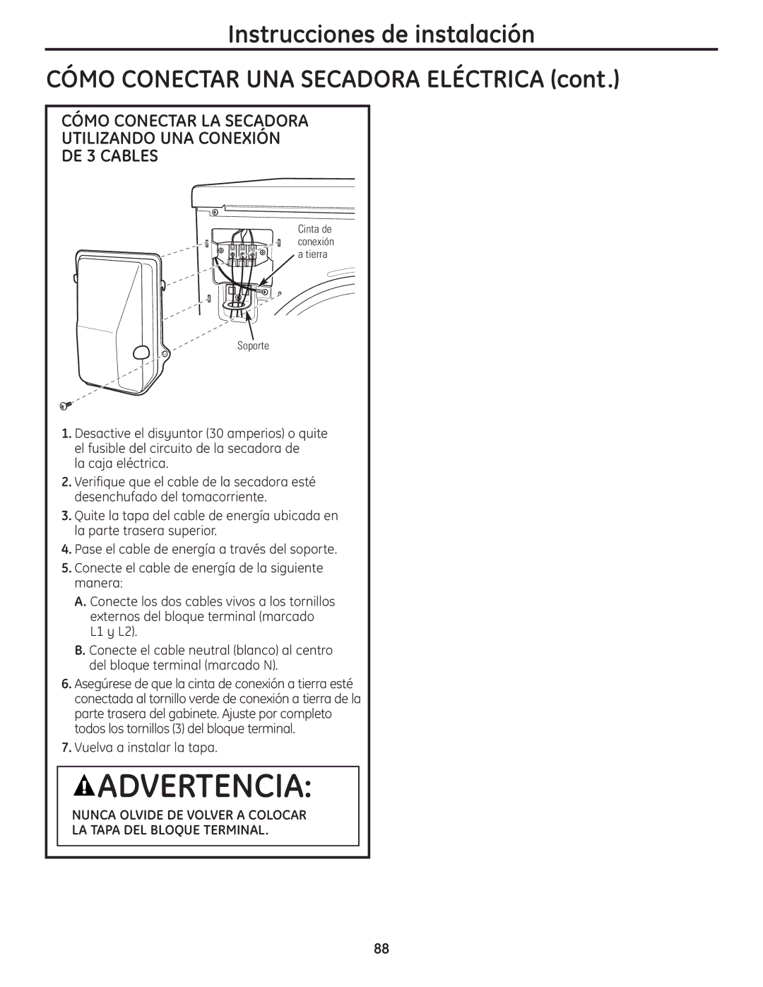 GE PCVH485EK, PCVH480EK owner manual Nunca Olvide DE Volver a Colocar LA Tapa DEL Bloque Terminal 