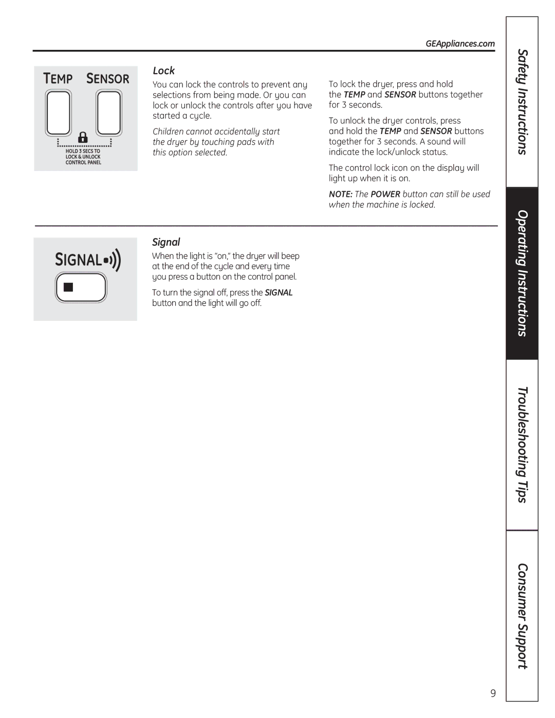 GE PCVH480EK, PCVH485EK owner manual Lock, Signal, Safety 