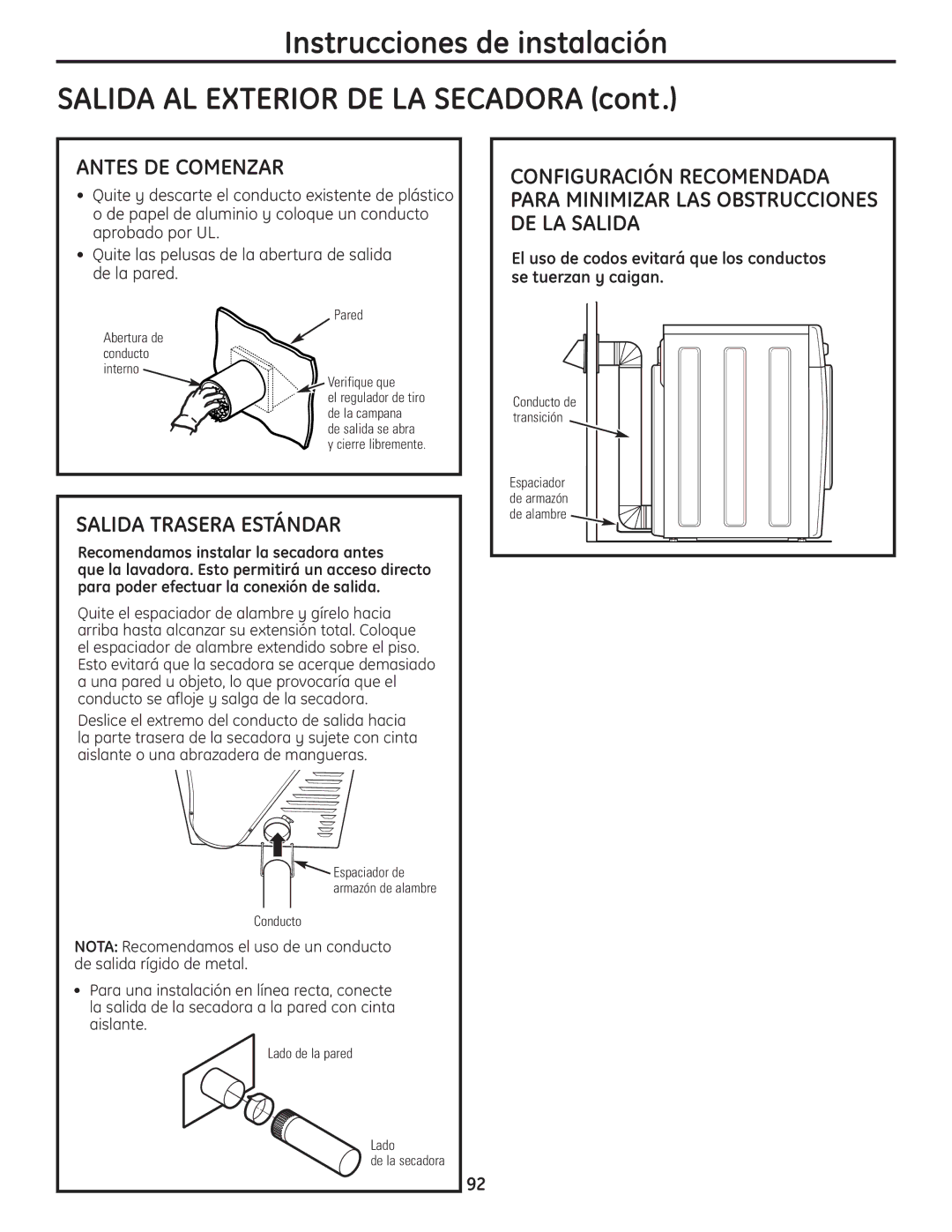 GE PCVH485EK, PCVH480EK owner manual Salida Trasera Estándar, Recomendamos instalar la secadora antes 