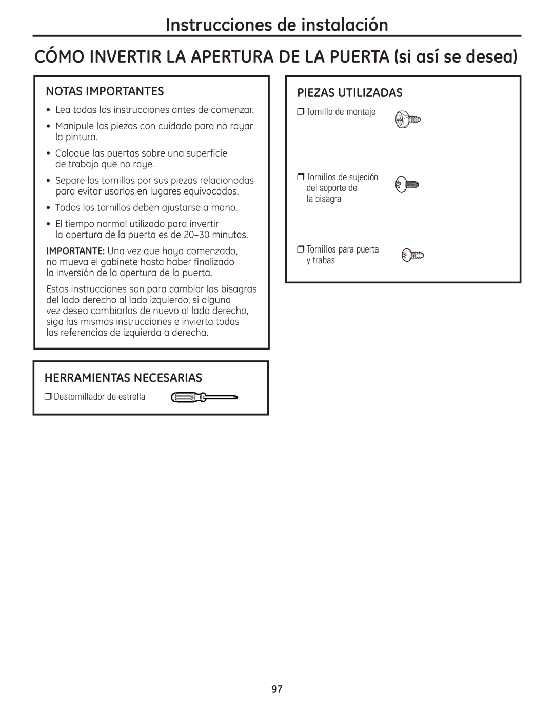 GE PCVH480EK Notas Importantes, Piezas Utilizadas, Destornillador de estrella, Tornillo de montaje Tornillos de sujeción 
