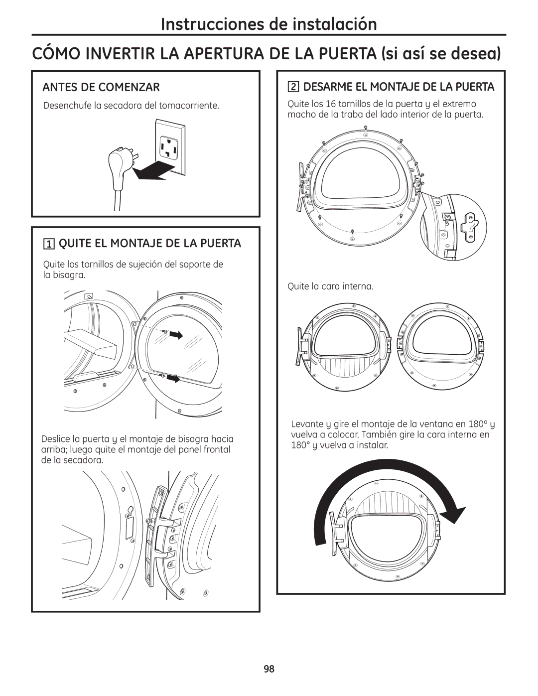 GE PCVH485EK, PCVH480EK owner manual Quite EL Montaje DE LA Puerta, Desenchufe la secadora del tomacorriente 