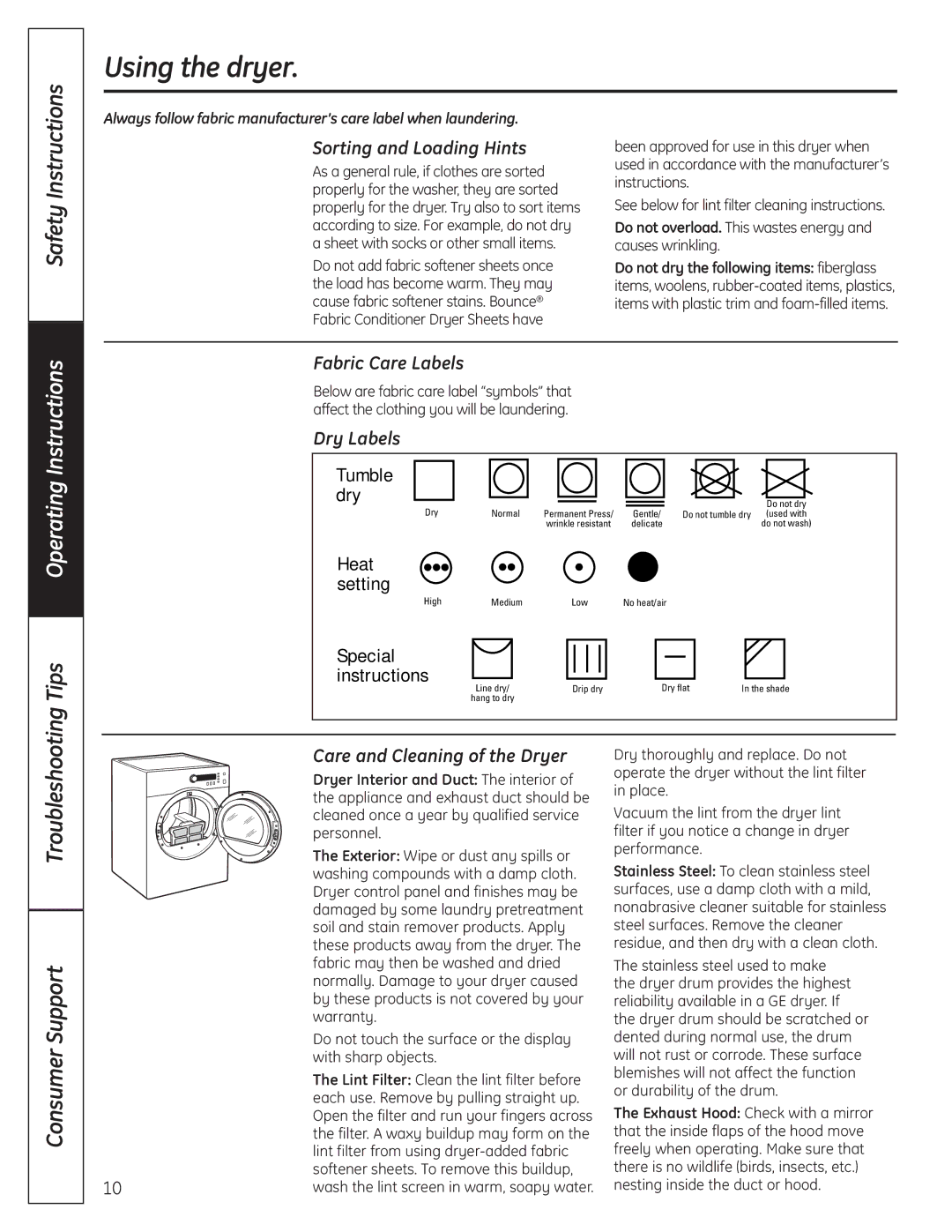 GE PCVH485EK, PCVH480EK Sorting and Loading Hints, Fabric Care Labels, Dry Labels, Care and Cleaning of the Dryer 