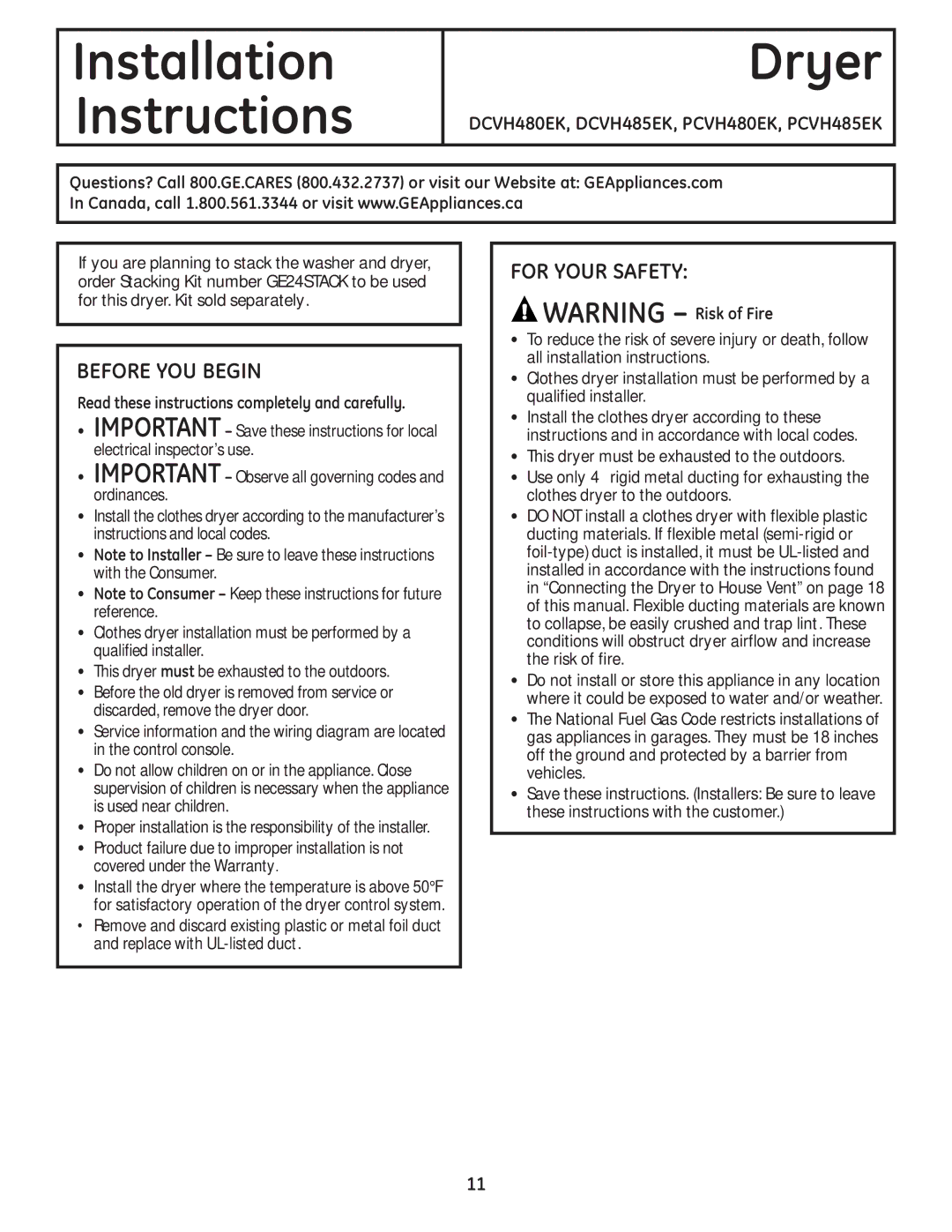 GE PCVH480EK, PCVH485EK owner manual Before YOU Begin, For Your Safety 