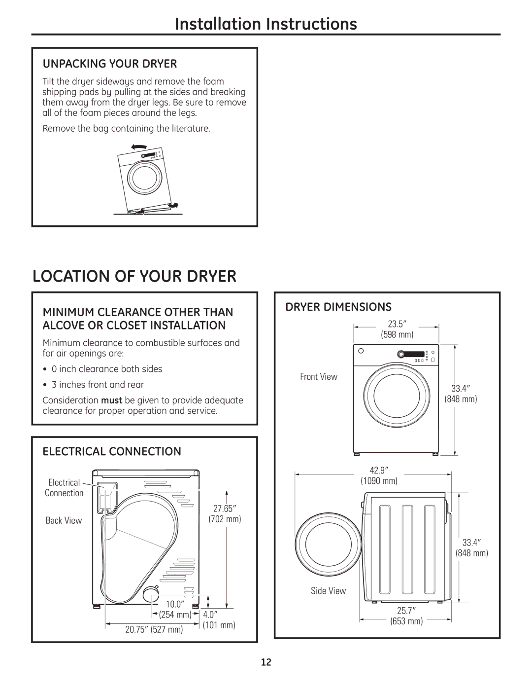 GE PCVH485EK, PCVH480EK owner manual Unpacking Your Dryer, Electrical Connection, Dryer Dimensions 