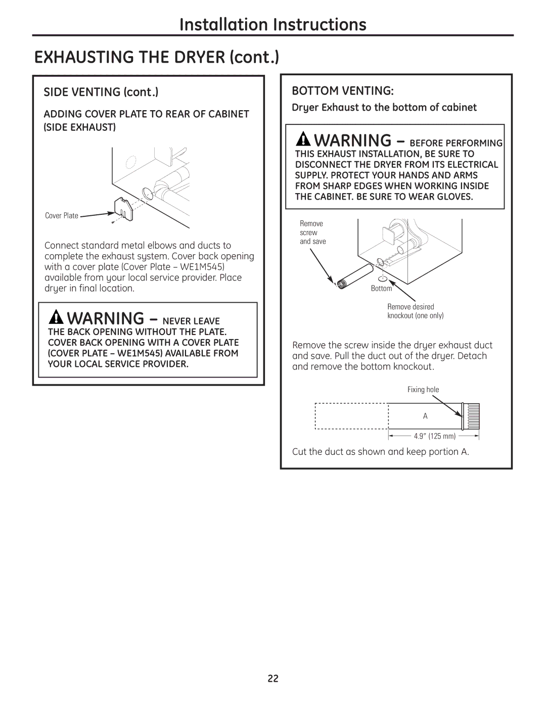 GE PCVH485EK, PCVH480EK owner manual Side Venting, Bottom Venting 