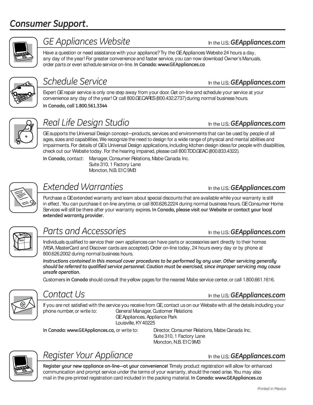 GE PCVH480EK, PCVH485EK owner manual Consumer Support 