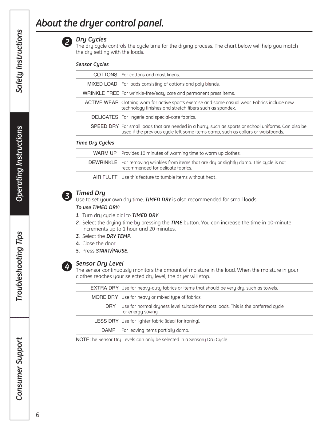 GE PCVH485EK, PCVH480EK owner manual Dry Cycles, Timed Dry, Sensor Dry Level 