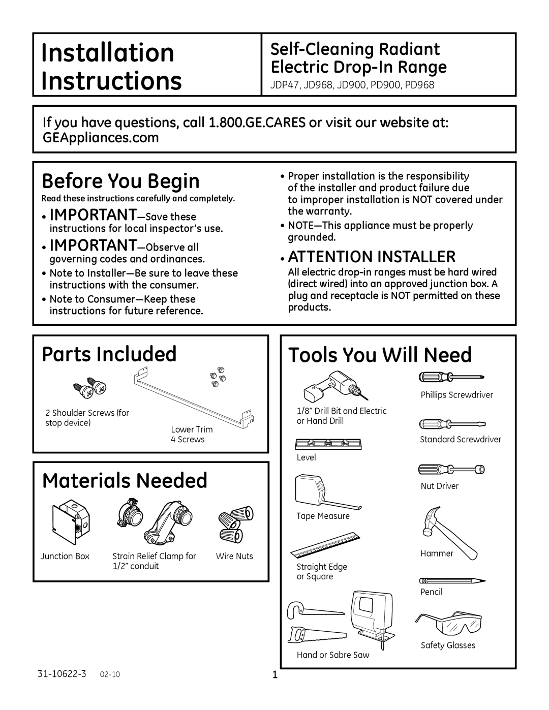 GE PD968, PD900 installation instructions Installation 