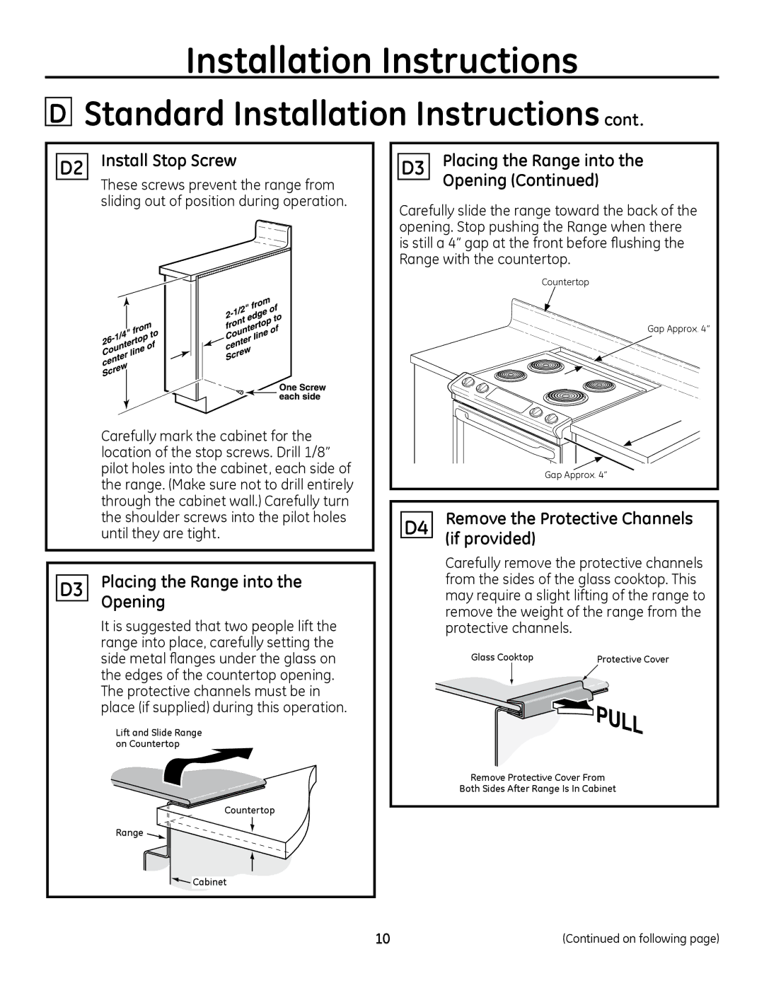 GE PD900, PD968 installation instructions D2 Install Stop Screw, Placing the Range into Opening, If provided 