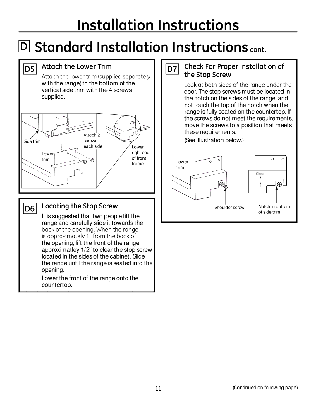 GE PD968, PD900 installation instructions D5 Attach the Lower Trim, D6 Locating the Stop Screw 