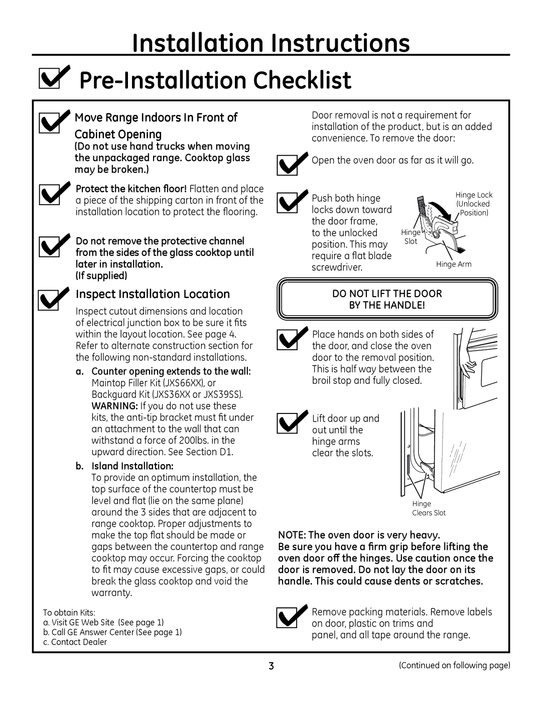 GE PD968, PD900 Pre-Installation Checklist, Move Range Indoors In Front of Cabinet Opening, Inspect Installation Location 