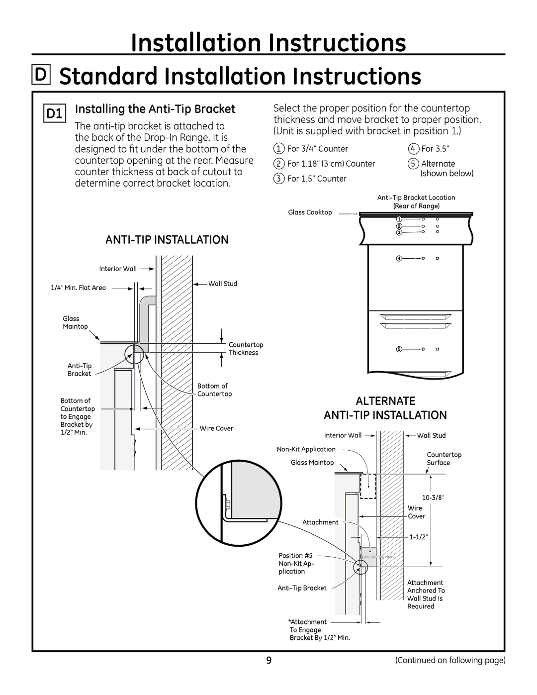 GE PD968, PD900 Standard Installation Instructions, D1 Installing the Anti-Tip Bracket, Anti-tip installation 