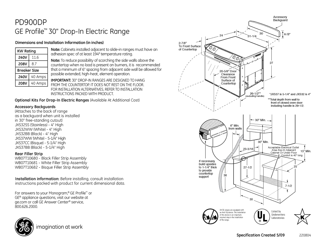 GE PD900DP installation instructions GE Profile 30 Drop-In Electric Range 