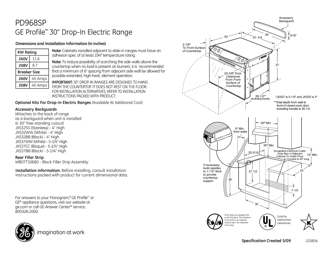 GE PD968SPSS installation instructions GE Profile 30 Drop-In Electric Range 