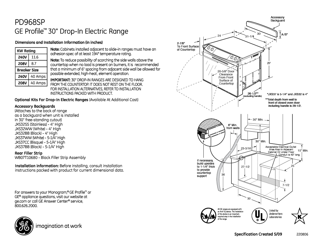 GE PD968SPSS installation instructions GE Profile 30 Drop-In Electric Range 