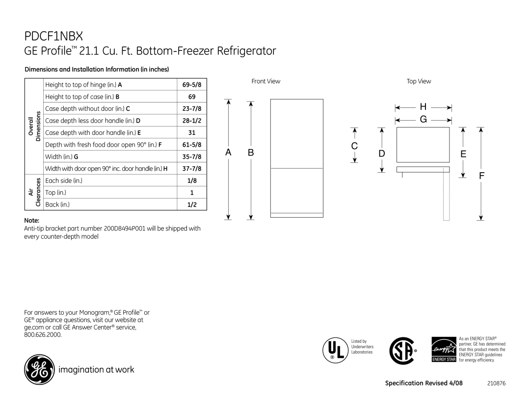 GE PDCF1NBX dimensions GE Profile 21.1 Cu. Ft. Bottom-Freezer Refrigerator 