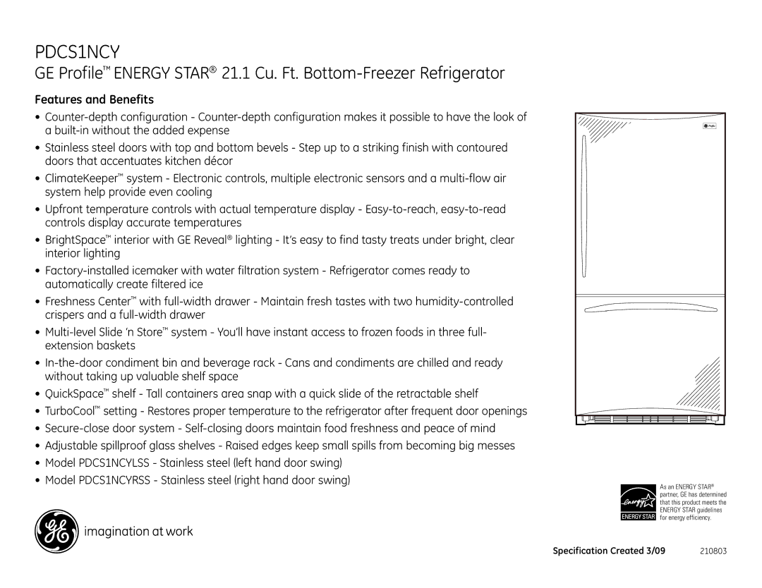 GE PDCS1NCY dimensions Features and Benefits 