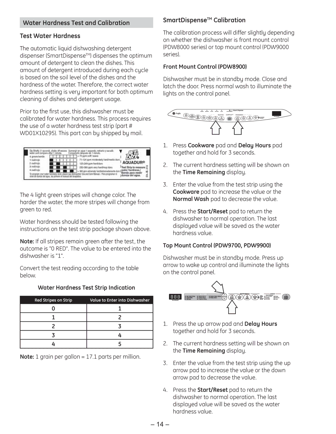 GE PDE9900 manual Water Hardness Test and Calibration Test Water Hardness, SmartDispenseTM Calibration 