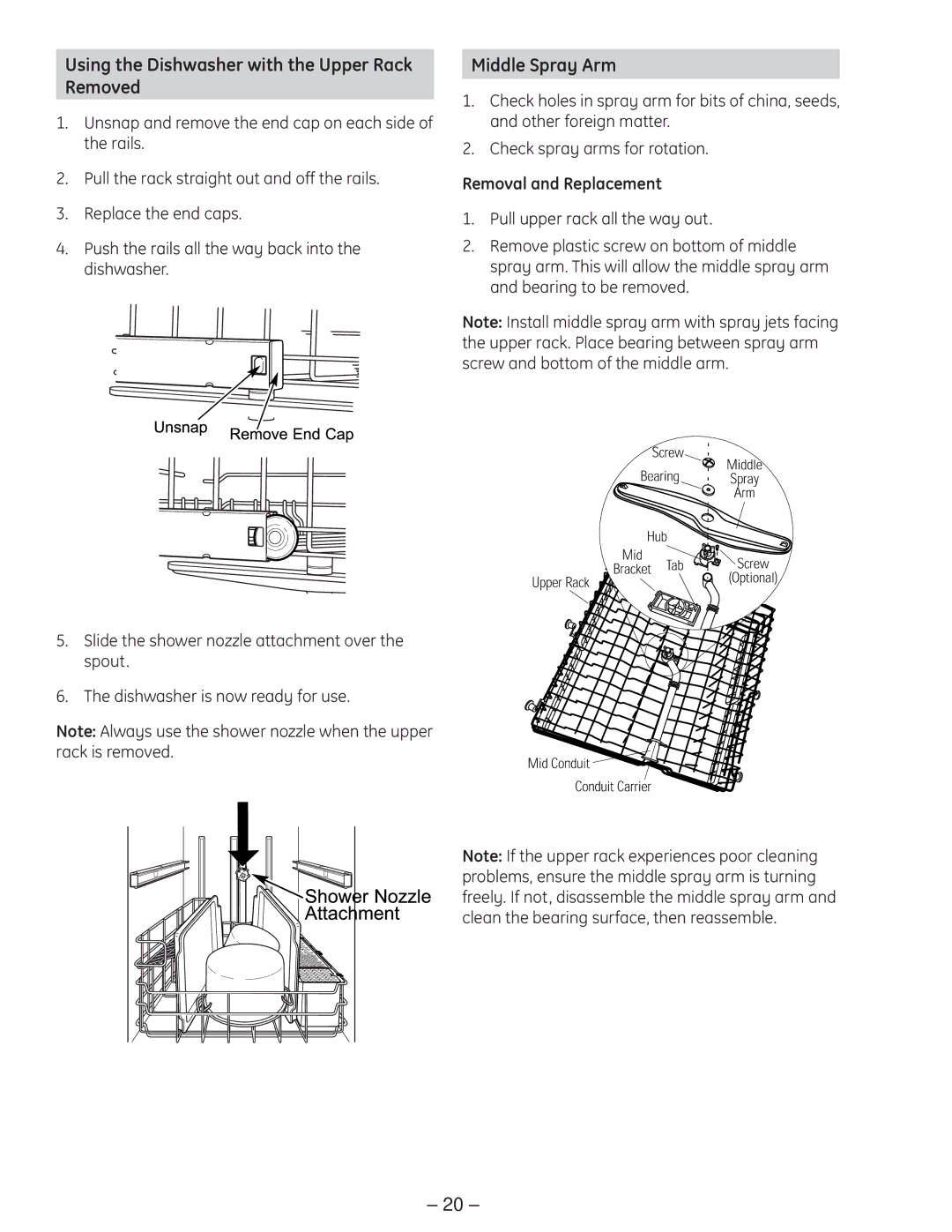 GE PDE9900 manual Using the Dishwasher with the Upper Rack Removed, Middle Spray Arm, Removal and Replacement 