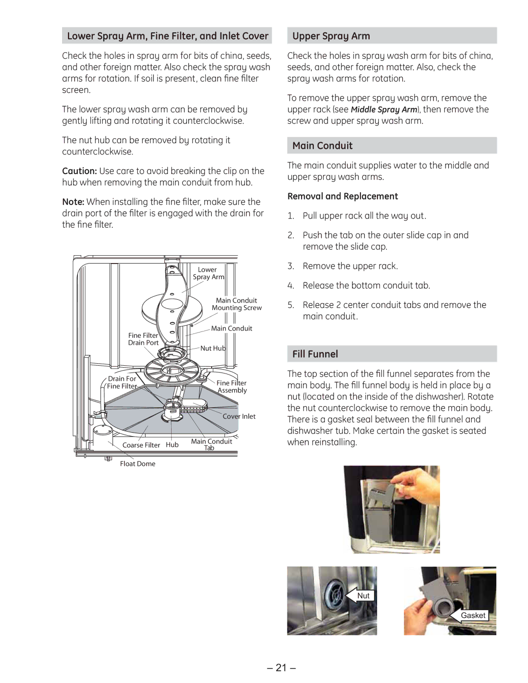 GE PDE9900 manual Upper Spray Arm, Main Conduit, Fill Funnel, Lower Spray Arm, Fine Filter, and Inlet Cover 