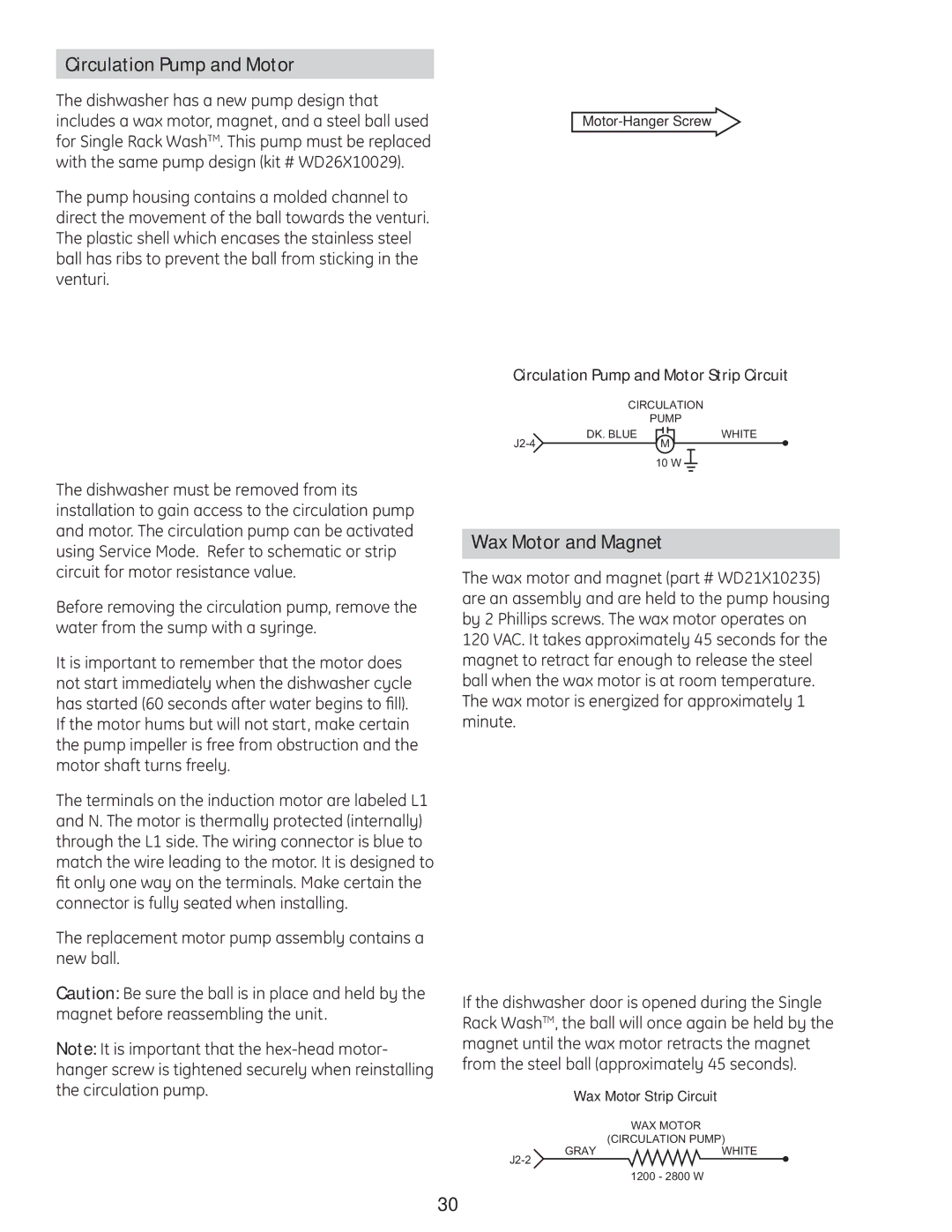 GE PDE9900 manual Circulation Pump and Motor, Wax Motor and Magnet 