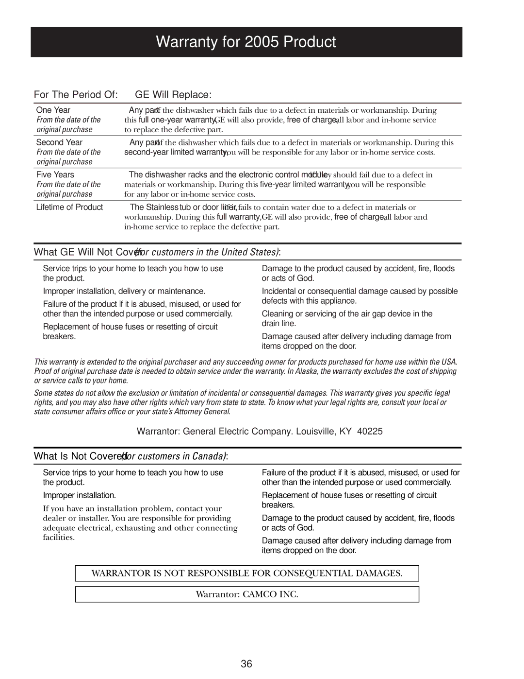 GE PDE9900 manual Warranty for 2005 Product, For The Period GE Will Replace 