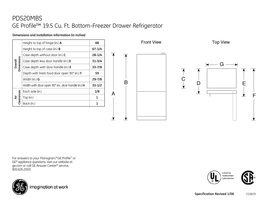 GE PDS20MBS dimensions GE Profile 19.5 Cu. Ft. Bottom-Freezer Drawer Refrigerator, Front View 