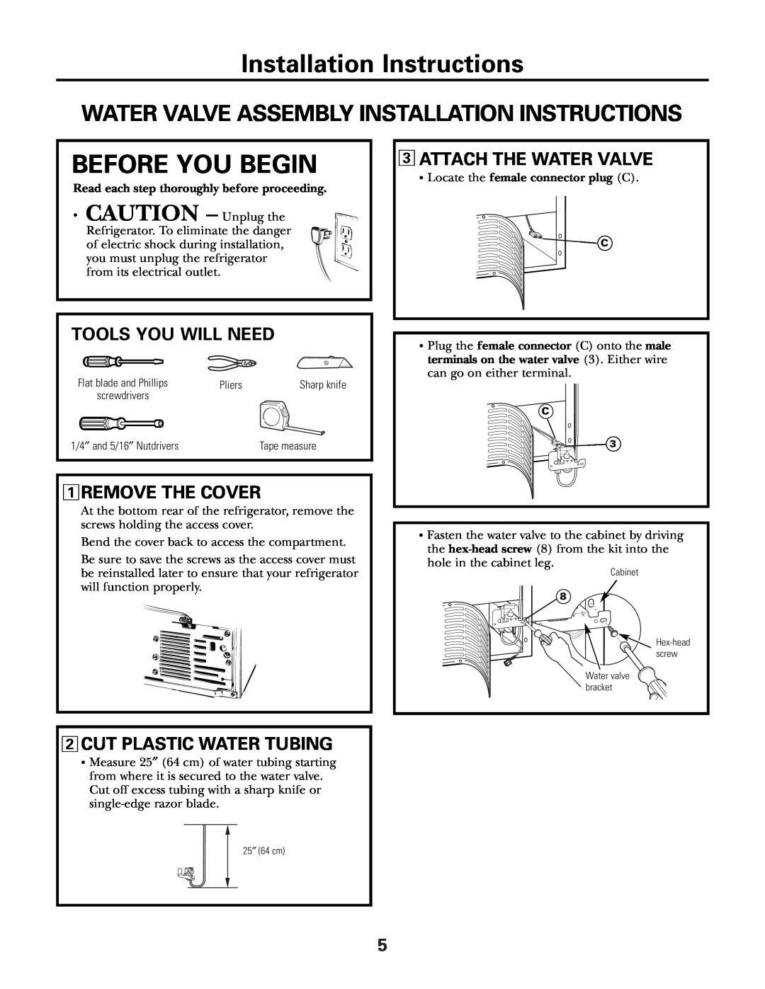 GE GBS22KB Installation Instructions, Before You Begin, CAUTION - Unplug the, Attach The Water Valve, Tools You Will Need 