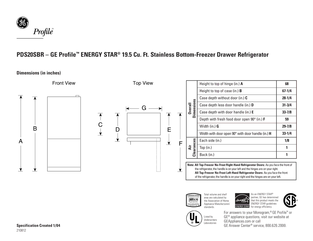 GE PDS20SBRSS dimensions Dimensions in inches, Front View Top View 