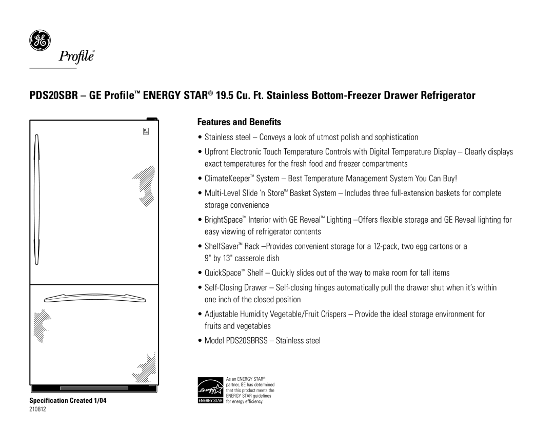 GE PDS20SBRSS dimensions Features and Benefits 